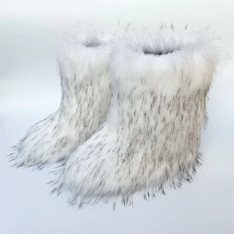 Y2K Fluffy Mid-calf Boots Winter Women Fashion Snow Boots Warm Cotton Shoes - ZOOMNSTORE