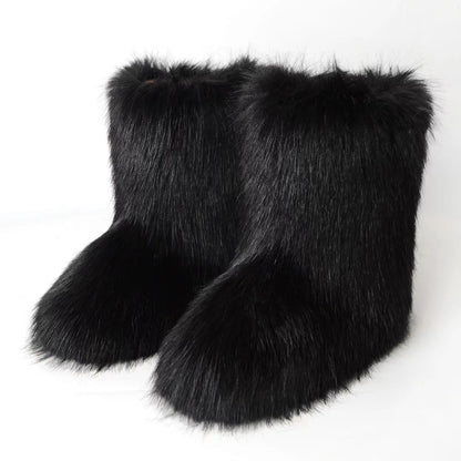 Y2K Fluffy Mid-calf Boots Winter Women Fashion Snow Boots Warm Cotton Shoes - ZOOMNSTORE