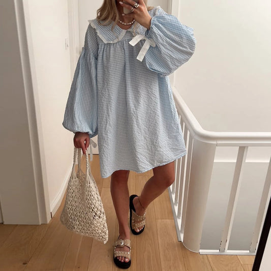 Y2K Gingham Babydoll Dress - Puff Sleeve Mini Dress with Peter Pan Collar - ZOOMNSTORE