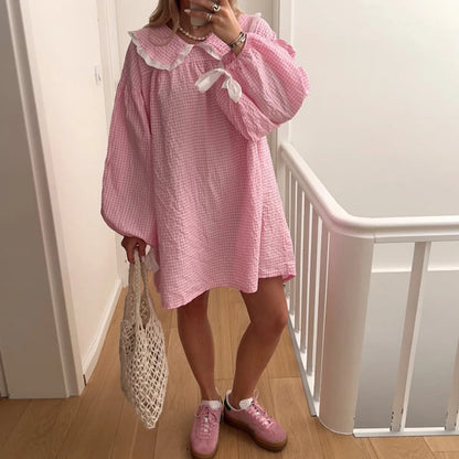 Y2K Gingham Babydoll Dress - Puff Sleeve Mini Dress with Peter Pan Collar - ZOOMNSTORE