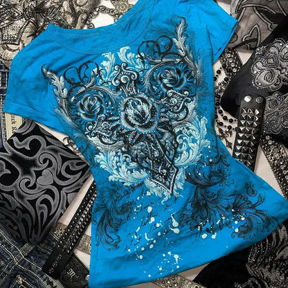 Y2K Grunge T-Shirt - Vintage Rhinestone Heart Rose Top Harajuku Street Fashion - ZOOMNSTORE