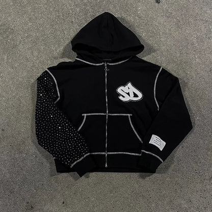 Y2K Oversized Hoodie - Retro Embroidered Diamond Sweatshirt for Men  Women - ZOOMNSTORE