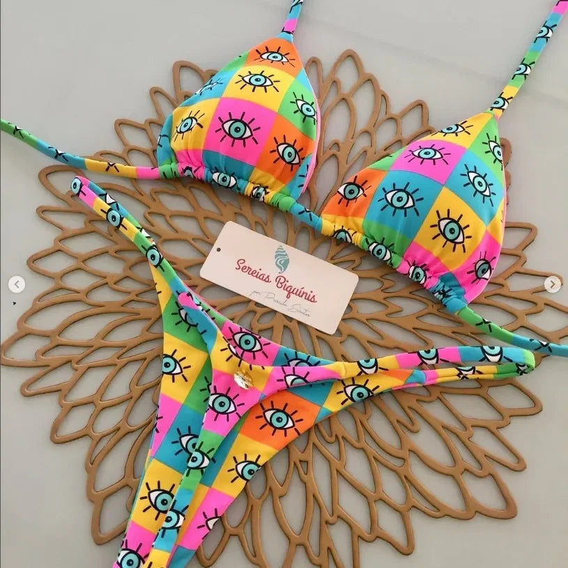 Y2K Sexy Bikini Set - Halter Lace-up Top  Thong Beachwear for Women - ZOOMNSTORE