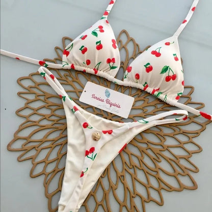 Y2K Sexy Bikini Set - Halter Lace-up Top  Thong Beachwear for Women - ZOOMNSTORE