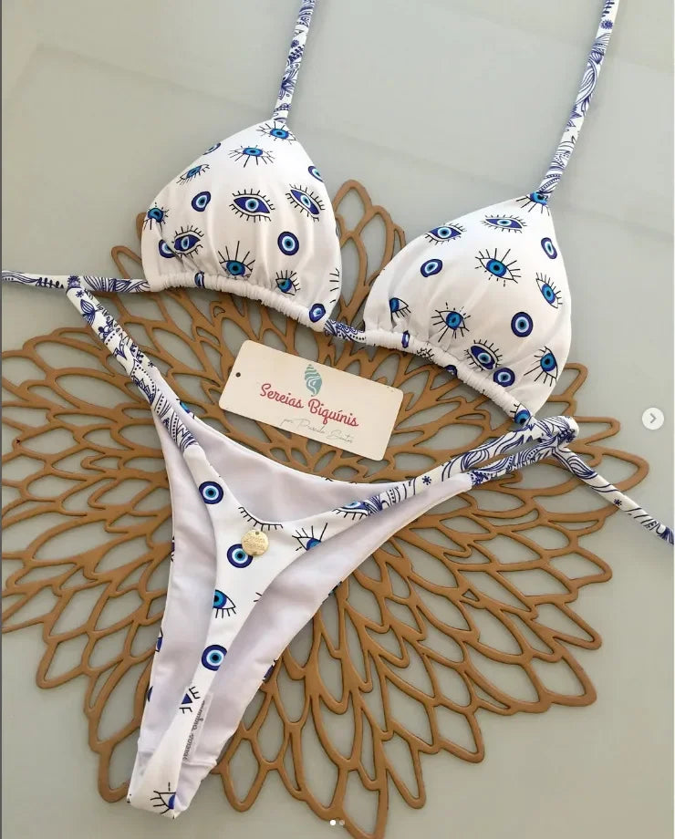 Y2K Sexy Bikini Set - Halter Lace-up Top  Thong Beachwear for Women - ZOOMNSTORE