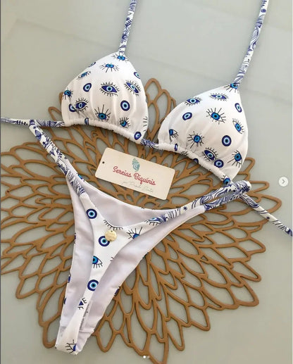 Y2K Sexy Bikini Set - Halter Lace-up Top  Thong Beachwear for Women - ZOOMNSTORE