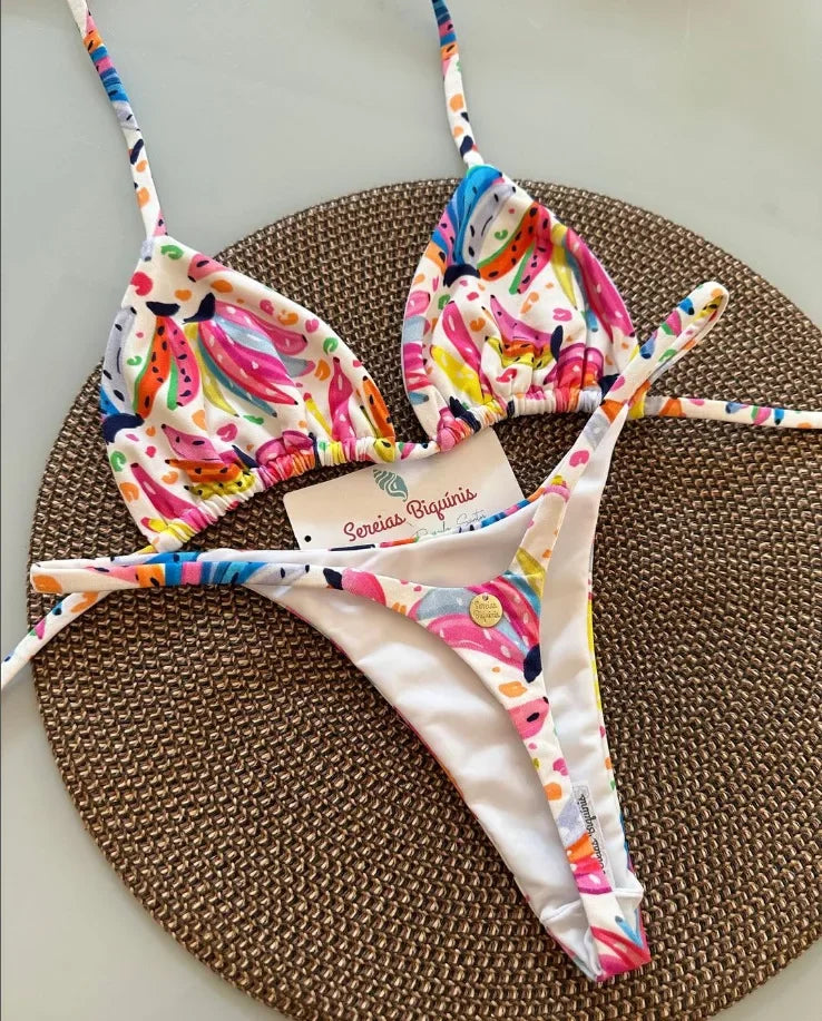 Y2K Sexy Bikini Set - Halter Lace-up Top  Thong Beachwear for Women - ZOOMNSTORE
