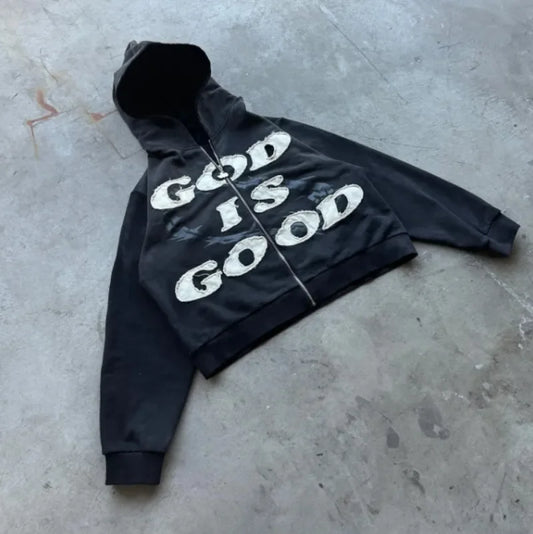 Y2K American New Trend Retro God is Good Casual Street Wear Zip-up Hoodie Men's and Women's Harajuku Hip-hop Gothic Street Wear - ZOOMNSTORE