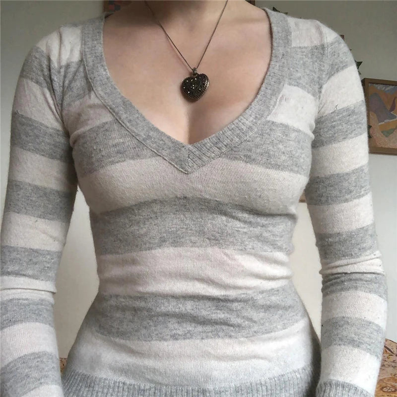 Y2K Striped Crop Top - Knitted V Neck T Shirt | Fairy Grunge Vintage Harajuku Style - ZOOMNSTORE