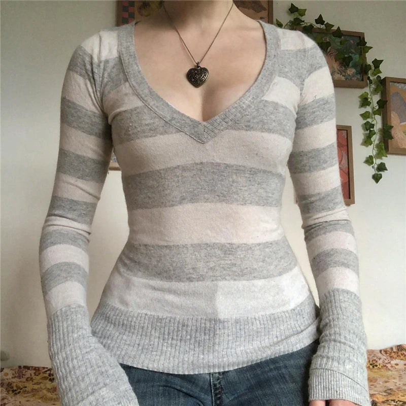 Y2K Striped Crop Top - Knitted V Neck T Shirt | Fairy Grunge Vintage Harajuku Style - ZOOMNSTORE