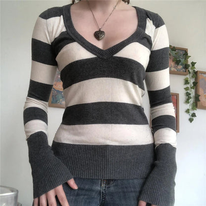 Y2K Striped Crop Top - Knitted V Neck T Shirt | Fairy Grunge Vintage Harajuku Style - ZOOMNSTORE