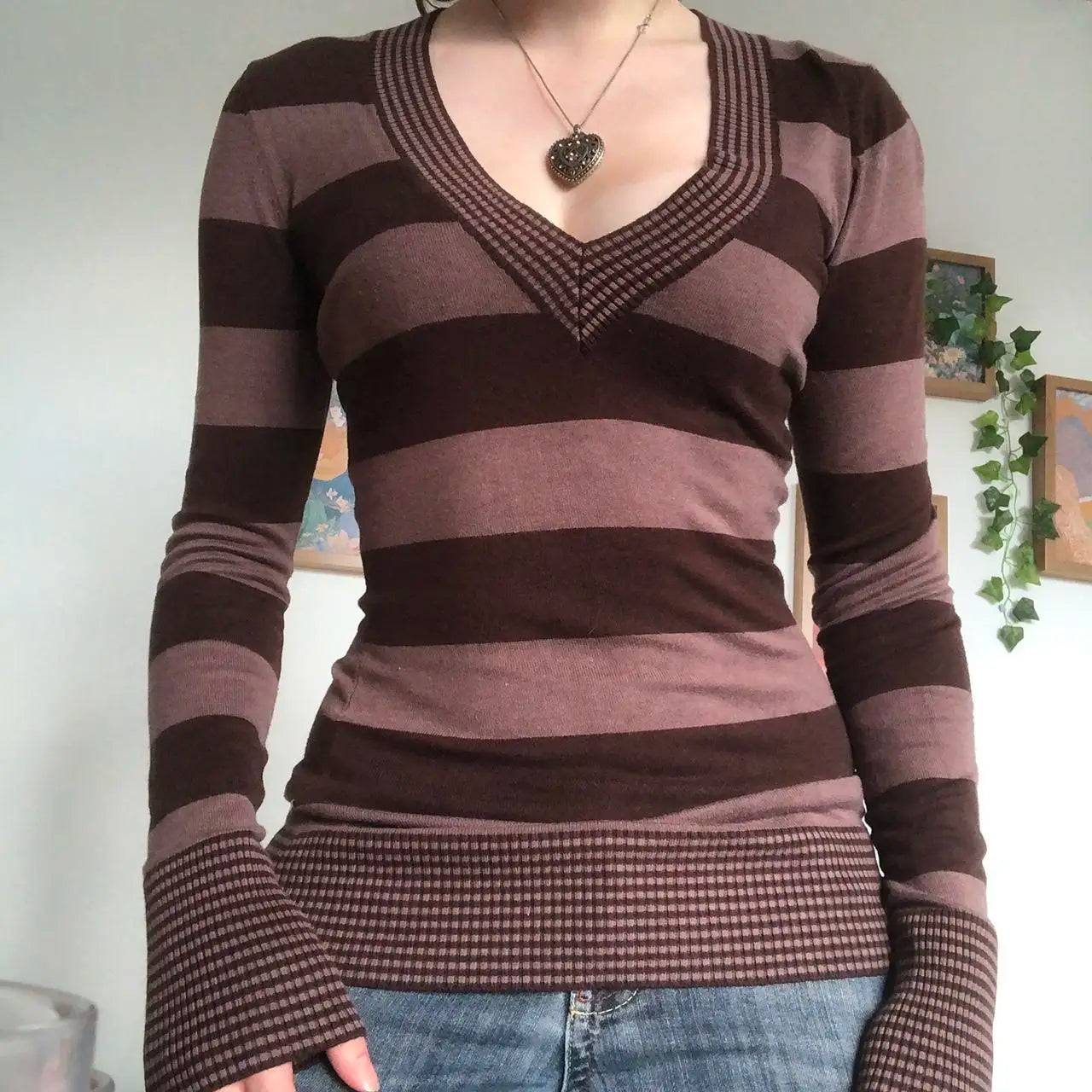 Y2K Striped Crop Top - Knitted V Neck T Shirt | Fairy Grunge Vintage Harajuku Style - ZOOMNSTORE