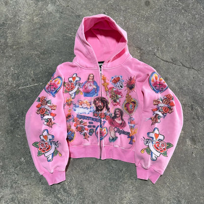 Y2K Casual Hoodie - Womens Zipper Cardigan with Geometric Print - ZOOMNSTORE