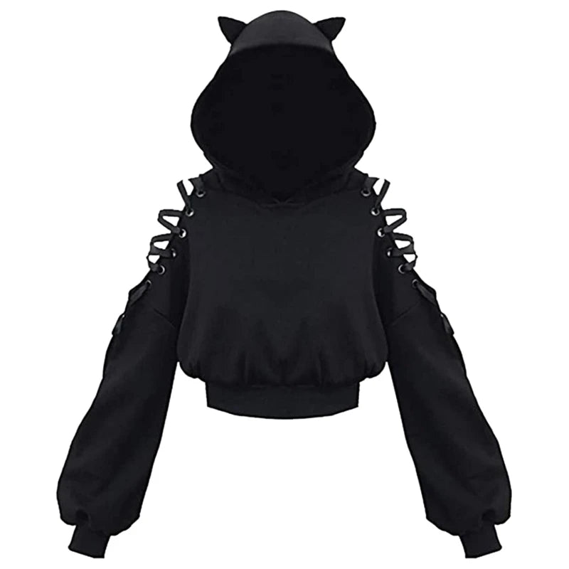 Gothic Cat Ear Crop Hoodie - Womens Long Sleeve Pullover Sweatshirt - ZOOMNSTORE