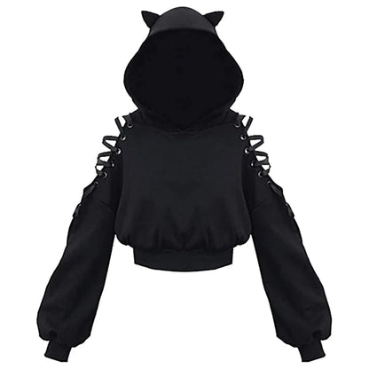 Gothic Cat Ear Crop Hoodie - Womens Long Sleeve Pullover Sweatshirt - ZOOMNSTORE