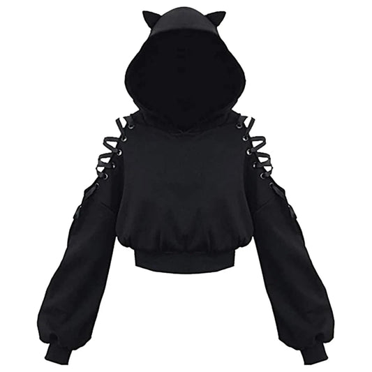 Gothic Cat Ear Crop Hoodie - Womens Long Sleeve Pullover Sweatshirt - ZOOMNSTORE