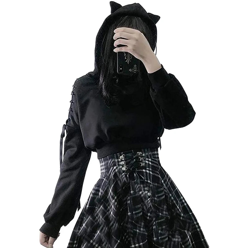 Gothic Cat Ear Crop Hoodie - Womens Long Sleeve Pullover Sweatshirt - ZOOMNSTORE