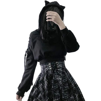 Gothic Cat Ear Crop Hoodie - Womens Long Sleeve Pullover Sweatshirt - ZOOMNSTORE