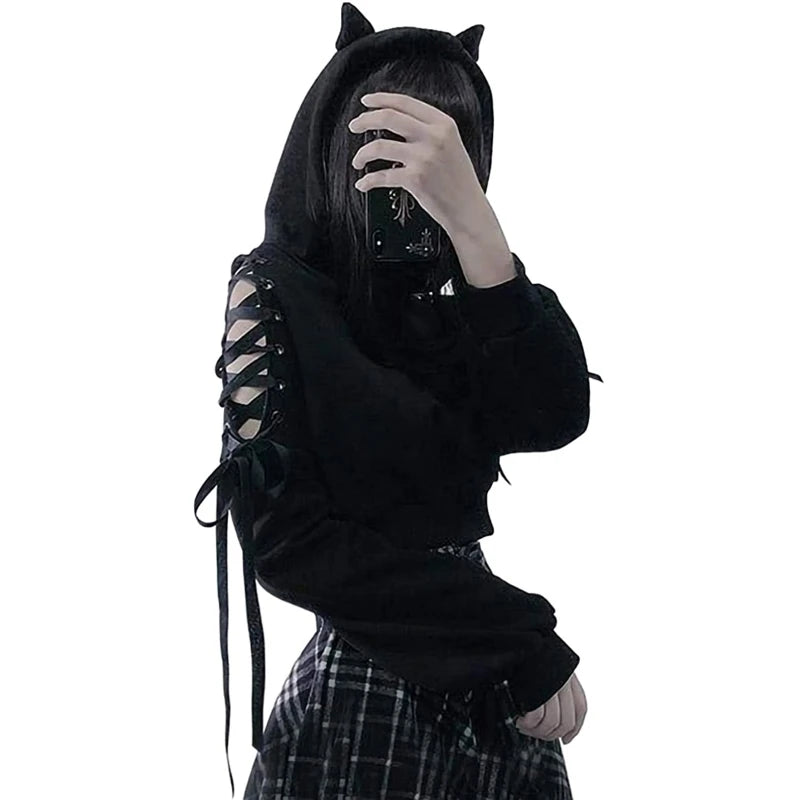Gothic Cat Ear Crop Hoodie - Womens Long Sleeve Pullover Sweatshirt - ZOOMNSTORE