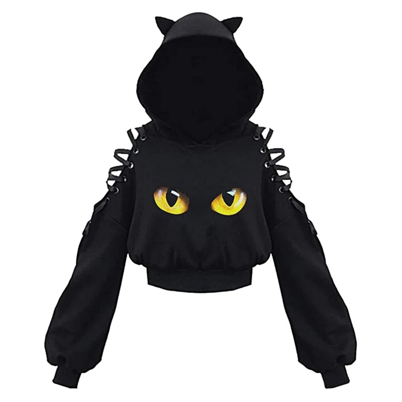 Gothic Cat Ear Crop Hoodie - Womens Long Sleeve Pullover Sweatshirt - ZOOMNSTORE