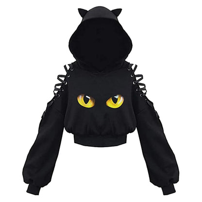 Gothic Cat Ear Crop Hoodie - Womens Long Sleeve Pullover Sweatshirt - ZOOMNSTORE