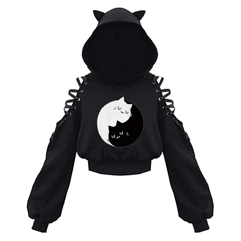 Gothic Cat Ear Crop Hoodie - Womens Long Sleeve Pullover Sweatshirt - ZOOMNSTORE