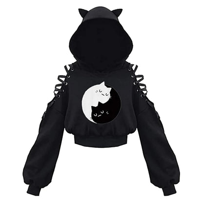 Gothic Cat Ear Crop Hoodie - Womens Long Sleeve Pullover Sweatshirt - ZOOMNSTORE