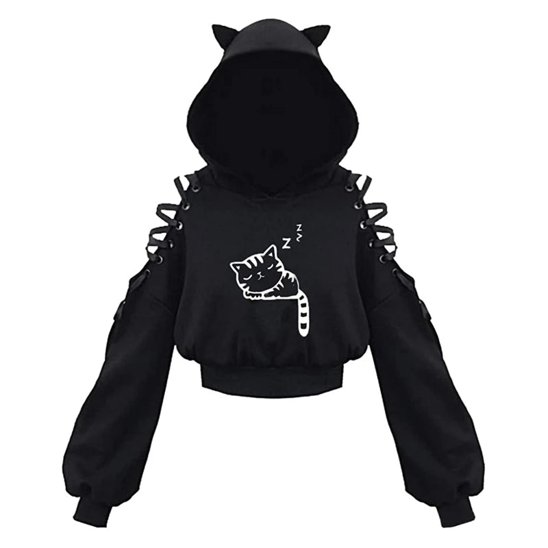 Gothic Cat Ear Crop Hoodie - Womens Long Sleeve Pullover Sweatshirt - ZOOMNSTORE