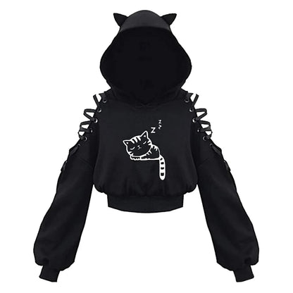 Gothic Cat Ear Crop Hoodie - Womens Long Sleeve Pullover Sweatshirt - ZOOMNSTORE