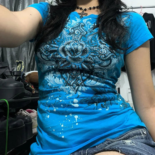 Y2K Grunge T-Shirt - Vintage Rhinestone Heart Rose Top Harajuku Street Fashion - ZOOMNSTORE