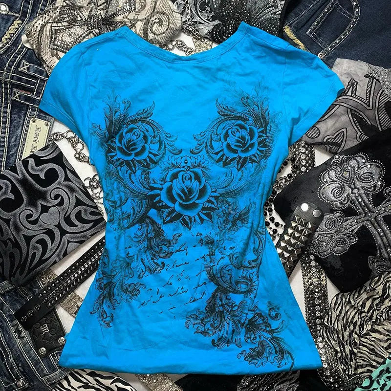 Y2K Grunge T-Shirt - Vintage Rhinestone Heart Rose Top Harajuku Street Fashion - ZOOMNSTORE
