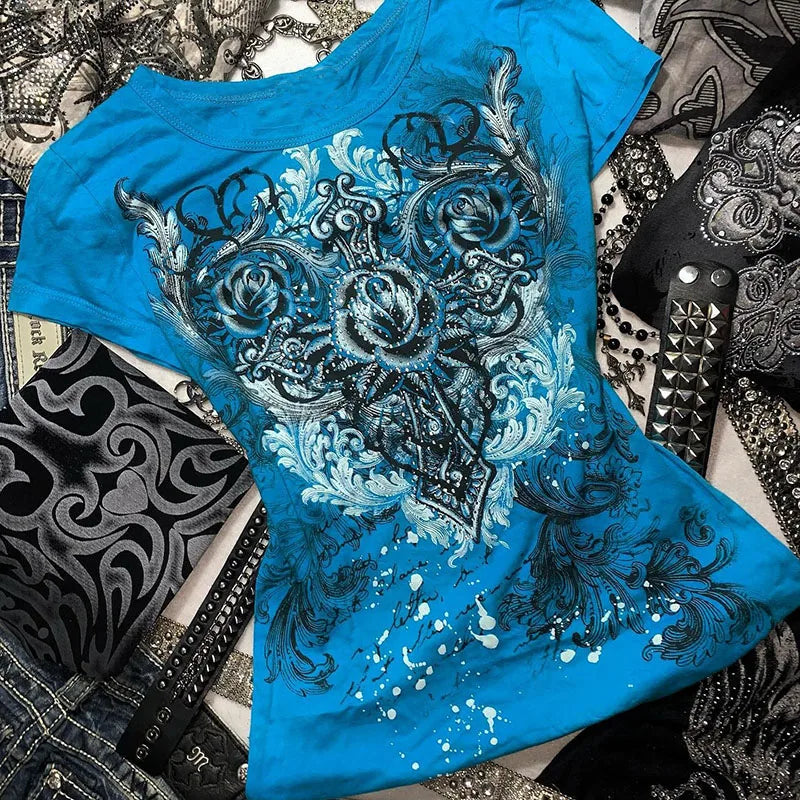 Y2K Grunge T-Shirt - Vintage Rhinestone Heart Rose Top Harajuku Street Fashion - ZOOMNSTORE