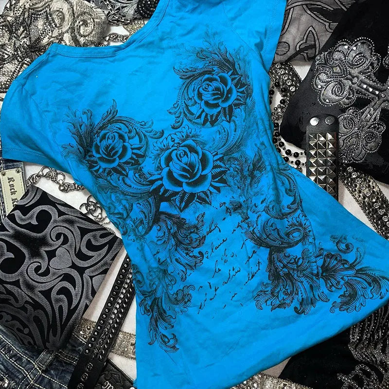 Y2K Grunge T-Shirt - Vintage Rhinestone Heart Rose Top Harajuku Street Fashion - ZOOMNSTORE