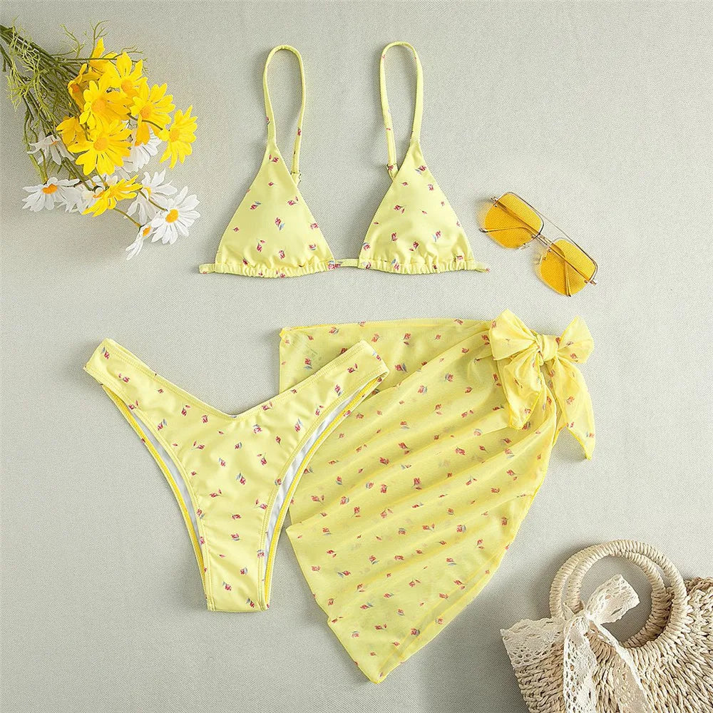 Yellow Floral Bikini Set - 3 Piece Mesh Cover Ups, Low Waist Brazilian Style Swimwear - ZOOMNSTORE