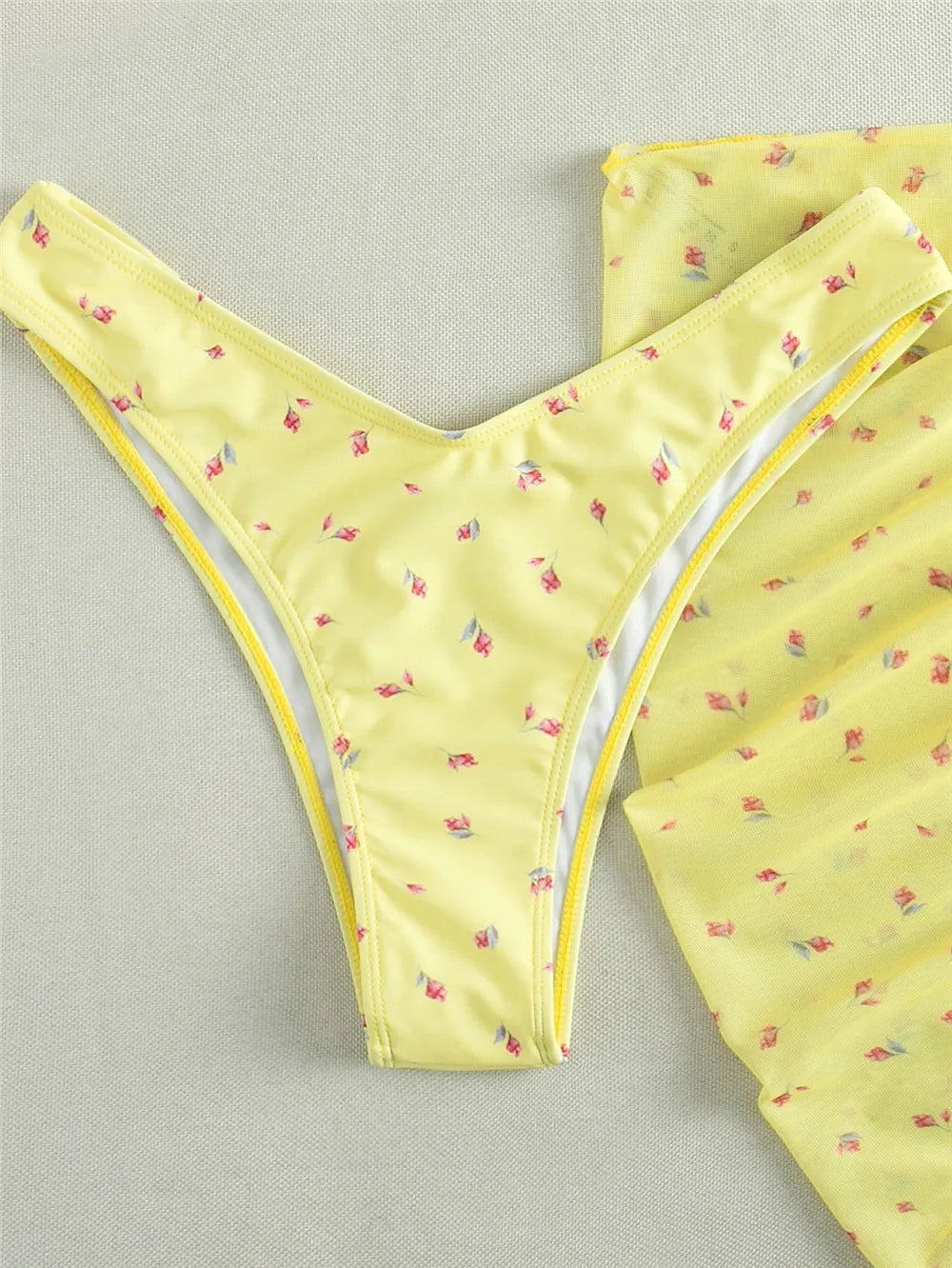 Yellow Floral Bikini Set - 3 Piece Mesh Cover Ups, Low Waist Brazilian Style Swimwear - ZOOMNSTORE