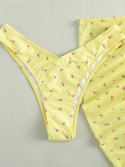 Yellow Floral Bikini Set - 3 Piece Mesh Cover Ups, Low Waist Brazilian Style Swimwear - ZOOMNSTORE