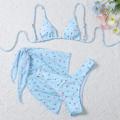 Yellow Floral Bikini Set - 3 Piece Mesh Cover Ups, Low Waist Brazilian Style Swimwear - ZOOMNSTORE