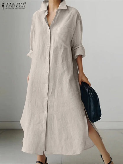 ZANZEA Womens Long Sleeve Maxi Dress - Solid Shirt Sundress with Lapel Neck and Buttons - ZOOMNSTORE