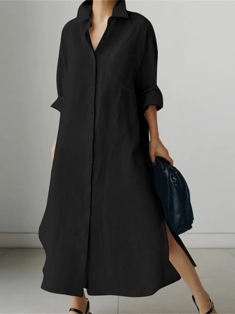 ZANZEA Womens Long Sleeve Maxi Dress - Solid Shirt Sundress with Lapel Neck and Buttons - ZOOMNSTORE