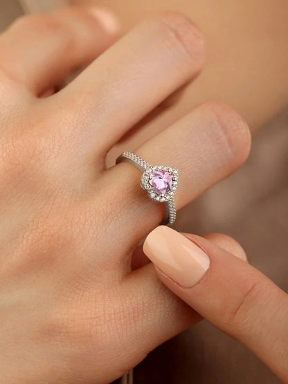 Zircon Heart Ring - 925 Sterling Silver Engagement Band with Prong Setting - ZOOMNSTORE