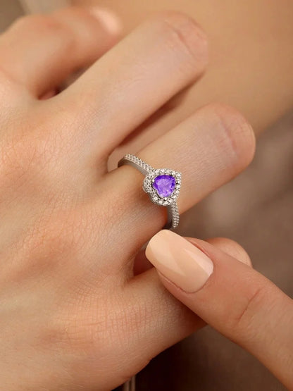 Zircon Heart Ring - 925 Sterling Silver Engagement Band with Prong Setting - ZOOMNSTORE
