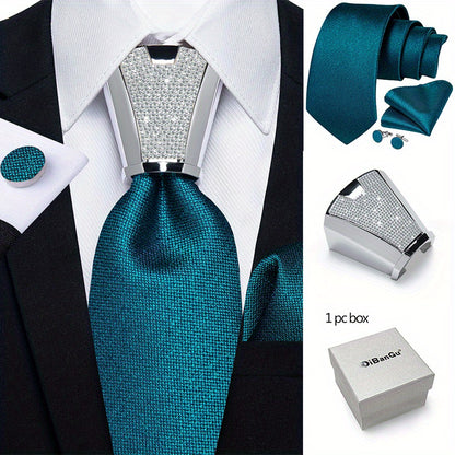 Mens Silvery Necktie Set - Necktie Ring Handkerchief  Cufflinks with Gift Box - ZOOMNSTORE