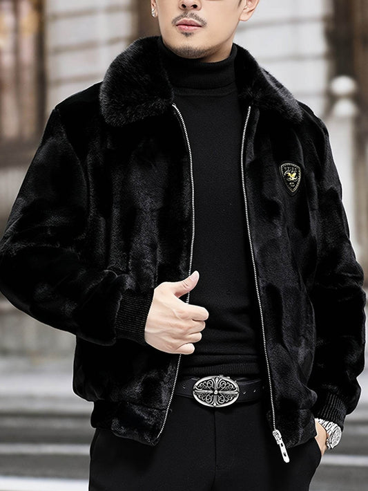 Men'S Casual Faux Mink Jacket with Faux Fur Collar, Long Sleeve Zippered Polyester Biker Coat, Fall/Winter Lapel Collar, Regular Fit, Patchwork Design, Non-Stretch Fabric, 100% Polyester Lining - Style 984 - ZOOMNSTORE