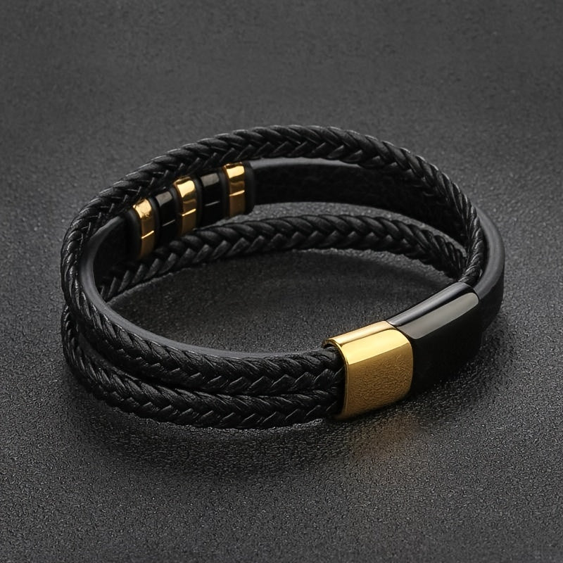 Mens Braided Faux Leather Bracelet - Vintage Punk Accessory with Magnetic Clasp - ZOOMNSTORE
