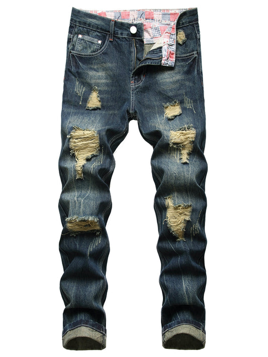 Mens Slim Fit Distressed Denim Jeans - Black with Rips All-Season Cotton Blend - ZOOMNSTORE