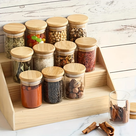 12 Transparent Glass Spice Jars with Wooden Lids  Labels - Ideal for Seasoning Coffee and Beans - ZOOMNSTORE