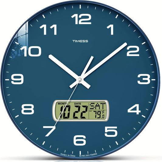 Silent No-Ticking Wall Clock with Perpetual Calendar - Easy-to-Read Analog and Digital Time in Teal White Blue Gold - ZOOMNSTORE