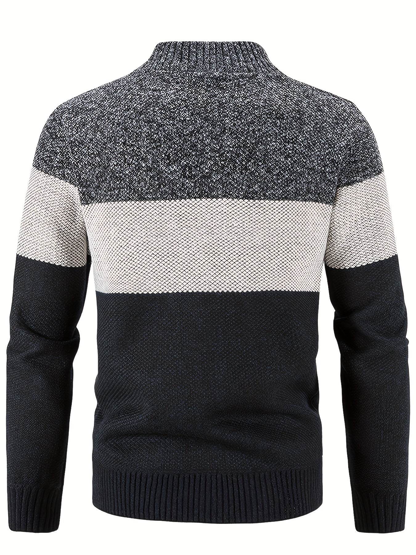 Men'S Casual High Neck Fleece Jacket, Color Block Knit Polyester Cardigan, Mid Stretch Zip-Up Fall/Winter Outerwear, Regular Fit with Placket Closure, Thick - ZOOMNSTORE