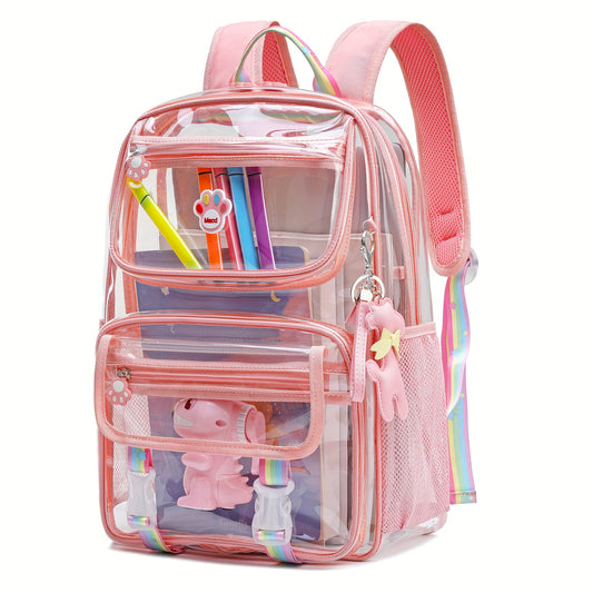 Waterproof Pink Clear Backpack - School Bag with Cartoon Stickers and Front Pockets - ZOOMNSTORE