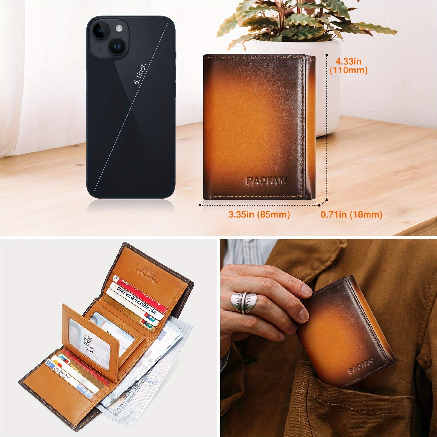 Slim RFID Blocking Leather Wallet for Men - 8 Card Slots 3 ID Windows 2 Bill Compartments - ZOOMNSTORE